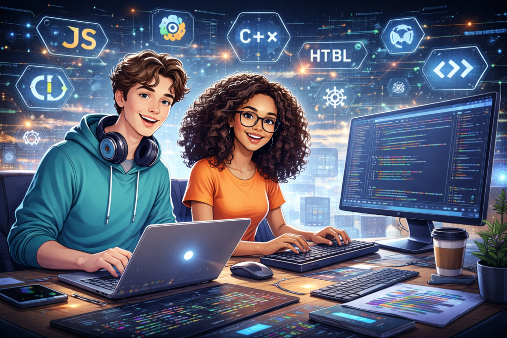 Two beginner programmers working on laptops and a desktop computer while coding, surrounded by digital programming symbols and futuristic technology elements.