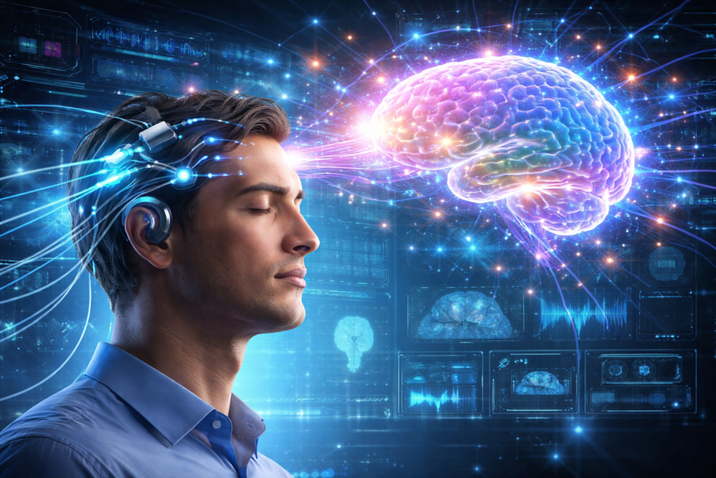 Futuristic brain computer interface visualizing neural signals and AI interpreting human thoughts with glowing digital brain and headset