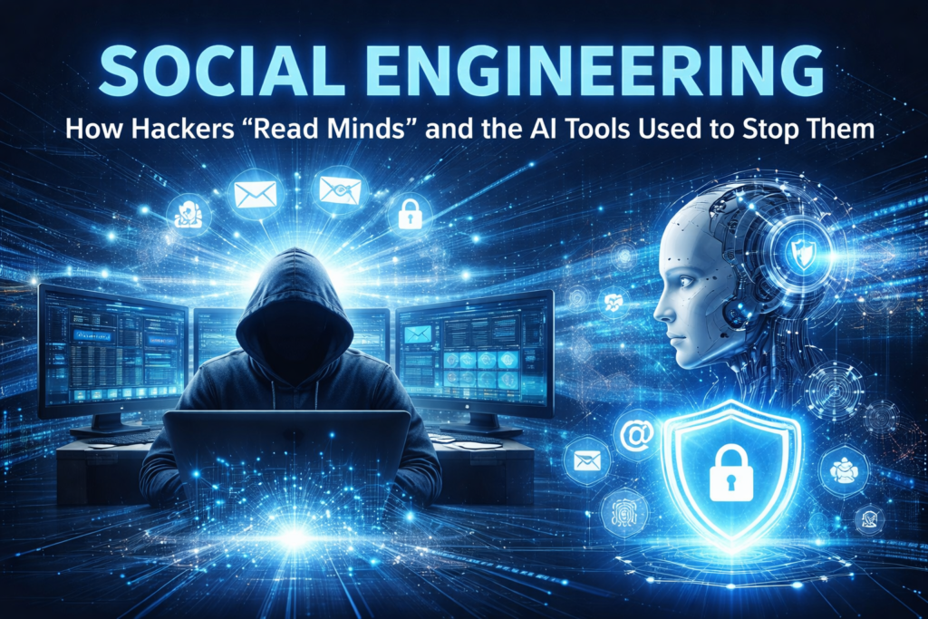 Hacker using psychological tactics to manipulate data while an AI security system analyzes threats and protects digital information.